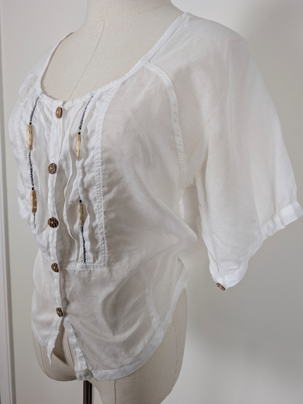 Sheer Cotton Short Sleeve Blouse Size Small White Boho - Picture 2 of 15